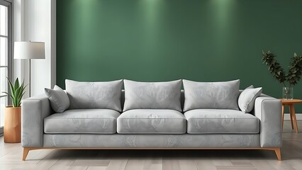 Modern living space featuring a minimalist grey sofa with marble accents against a green wall, softly lit with a clean composition.