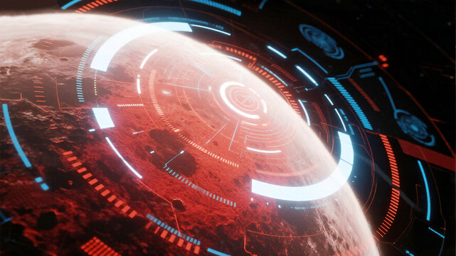 Red Moon Futuristic digital interface overlays a textured red planet, simulating advanced space exploration technology and scientific discovery in a dynamic cosmic scene