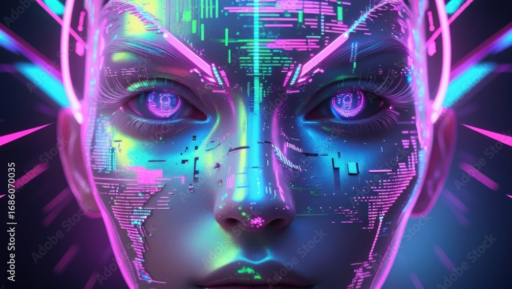 Poster close-up of a futuristic female face adorned with vibrant neon code and circuit patterns, highlighti