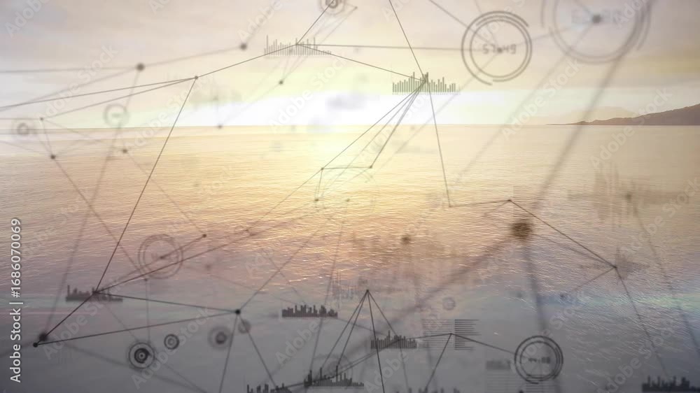 Aufkleber sunset horizon glowing network nodes drifting and linking with highlights bars ships showing data