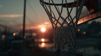 Basketball hoop at sunset with blurred background