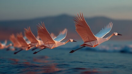 Origami cranes flying over water at sunset, paper birds