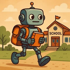 A robot student with a backpack holding a book, walking to school.