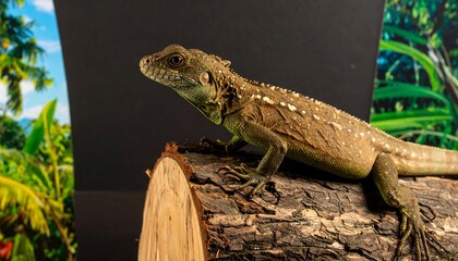 Fototapeta premium A captivating, speckled lizard, a vibrant green and brown hue, perches atop a rustic log, showcasing its exotic beauty against a backdrop of lush, tropical foliage.