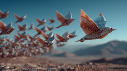 Origami birds flying in formation over a barren landscape