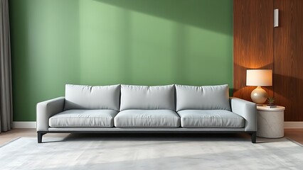 Modern living room with grey sofa and green accent wall, featuring elegant marble decor.