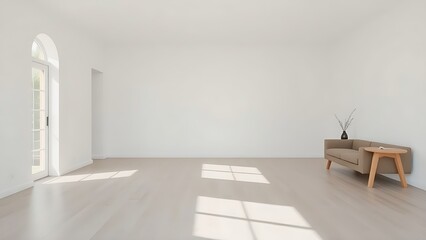 Minimalist living room with white walls and wooden floors, bathed in natural light.
