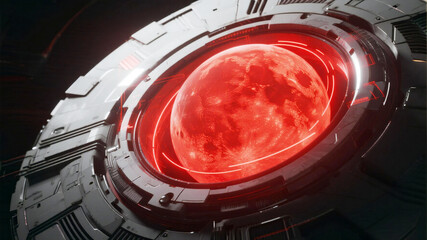 Red Moon Futuristic spaceship engine hums with a vibrant red planet captured within its glowing core, hinting at cosmic exploration and advanced technology.