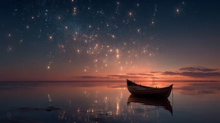Boat on calm water under a starry night sky