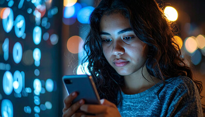 Teen girl focused on her phone at night highlighting mental health and suicide prevention awareness
