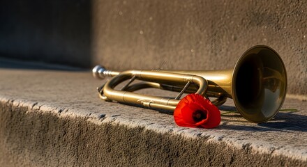 Trumpet and Poppy - A Memorial Tribute on Stone Surface.