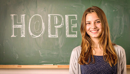 Teen girl stands smiling in front of chalkboard with hope message promoting mental health suicide prevention support