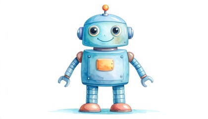 A charming, light-blue robot, rendered with watercolor-like textures, stands out against a pristine white background.