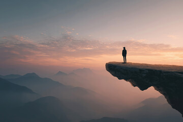 Sunset view from cliff with solitary figure against vast mountain landscape