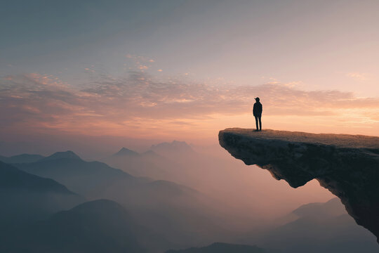 Sunset view from cliff with solitary figure against vast mountain landscape