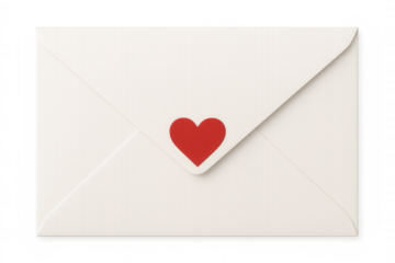 White envelope displaying vibrant red heart, representing emotional connection and tender communication against clean transparent backdrop