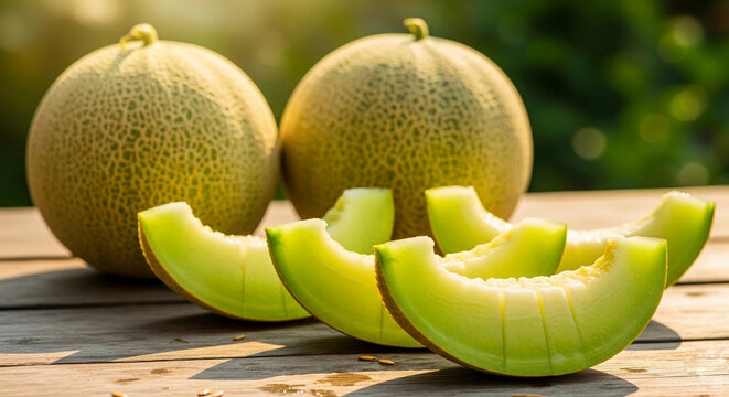 Delicious, fresh cantaloupe melons and ripe slices on a rustic wooden table with sunlit green leaves. Perfect for food, healthy eating, and summer themes.
 - Powered by Adobe
