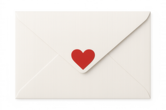 White envelope displaying vibrant red heart, representing emotional connection and tender communication against clean transparent backdrop