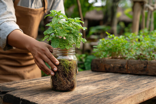 Gardener repotting a plant in a glass jar on a sunny afternoon