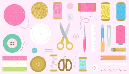 A collection of various colorful sewing and crafting supplies displayed on a pastel background.
