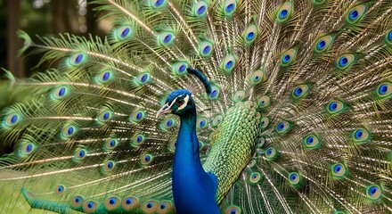 Obraz premium A vibrant peacock displays its iridescent tail feathers, showcasing a breathtaking array of colors and patterns in a natural setting.