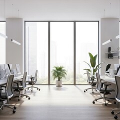 Bright Modern Open-Plan Office Interior with Large software, Ergonomic Workstations, Green Plants, and City View