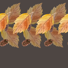 Leaves and pine cones seamless watercolor autumn pattern on dark background. Hand-painted seasonal design ideal for textiles, gift wrapping, wallpapers, stationery, and fall-themed products.