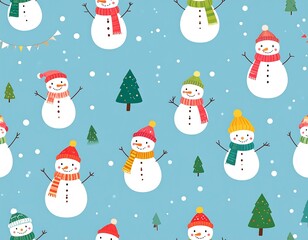 Cute snowman pattern on light blue background