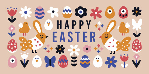 Happy easter greeting with cute birds bunnies and decorated eggs in a festive pattern