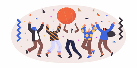 Diverse group of people celebrating and dancing joyfully with a large orange ball and confetti
