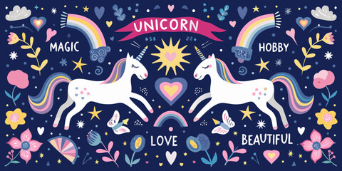 Whimsical illustration of two white unicorns with rainbow manes and tails surrounded by magical elements and positive words