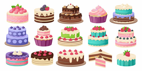 A vibrant collection of delicious and colorful cakes and cupcakes decorated with fresh fruits and frosting