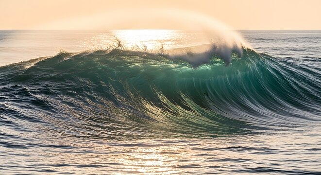 A majestic ocean wave crests at sunrise, backlit by golden light, showcasing its translucent, teal interior.