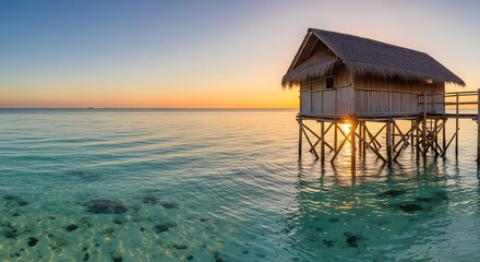 A stunning sunset view of a wooden hut on stilts over tranquil ocean water.