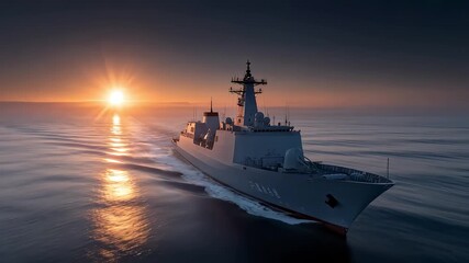 Modern Warship Sails Towards Glorious Sunrise