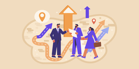 Business professionals collaborating on a growth strategy with upward trending arrows and navigation markers
