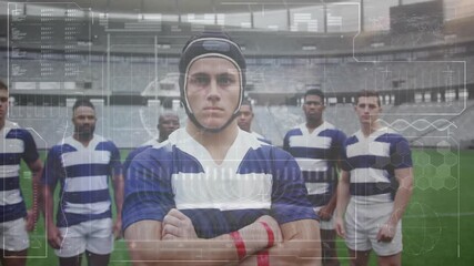 Camera holding rugby player and team showing fading overlay scanning biometric data for sports tech - Powered by Adobe