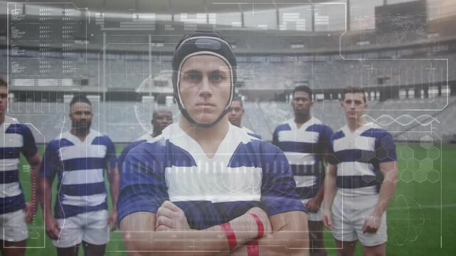 Camera holding rugby player and team showing fading overlay scanning biometric data for sports tech - Powered by Adobe
