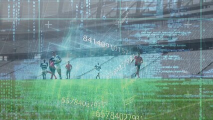 Striped athlete receiving ball and diving past defenders under sports analytics overlay to score