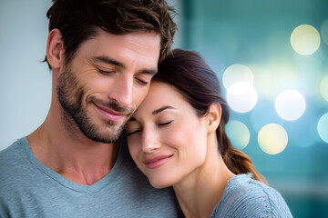 Obraz premium Emotional Connection, Joyful Couple, Cozy Embrace, Mental Health Awareness, Happy Living Concept, Love and Support, Peaceful Moment Together