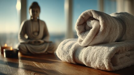 Serene spa day with rolled towels, Buddha statue, and candles for relaxation