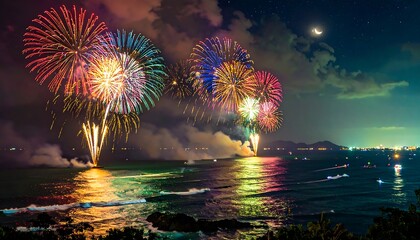 Fireworks display over water at night
