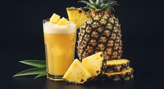 Delicious and refreshing pineapple juice in a glass with fresh pineapple on a dark background - Powered by Adobe