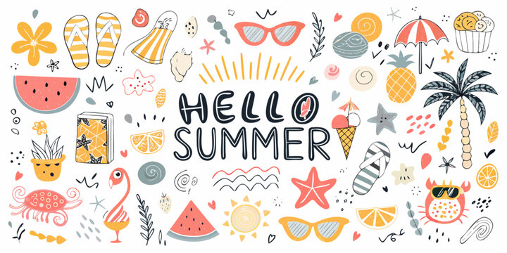 Hello summer greeting with fun doodles of beach items and tropical elements