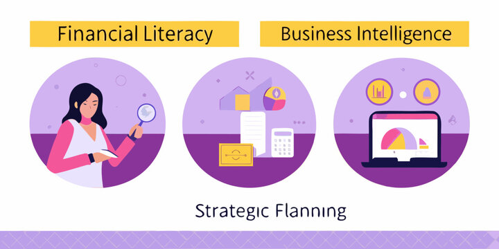 Financial literacy business intelligence and strategic planning concepts illustrated with icons and graphics