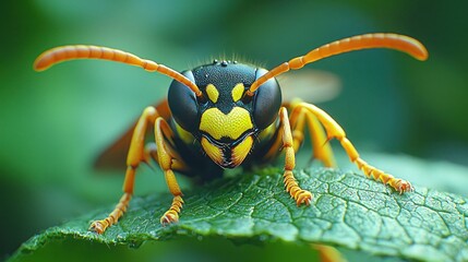 Wasp on leaf, close-up portrait; yellow-black face, orange antennae & legs