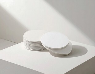 White circular coasters stacked on a white surface