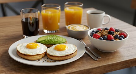 Delicious breakfast with fried eggs, avocado, berries, juice, and coffee on a wooden table