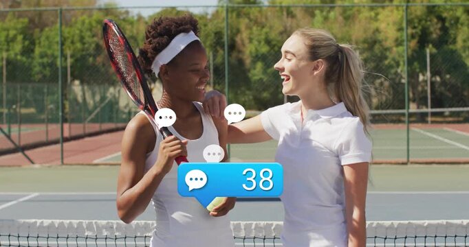 Two tennis players finishing rally sparking social media comment bubble rising to ninety five