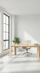 Bright and minimalist home office with a light wooden desk, laptop, comfortable chair, and green plants by a large window overlooking a city view, bathed in natural light and creating a serene workspa